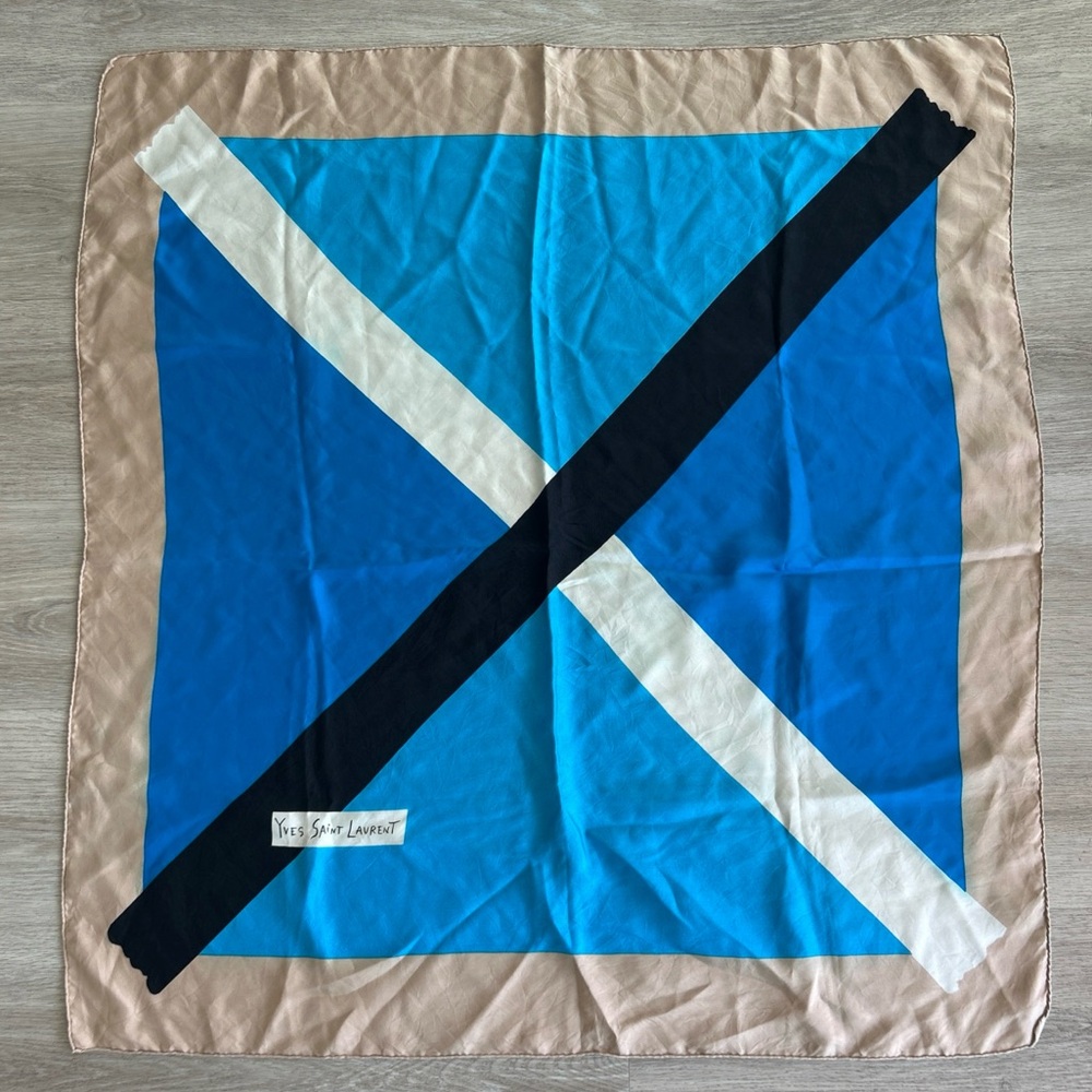Yves Saint Laurent Vintage Silk Scarf Blue Beige Geometric Print 34” Hand Rolled